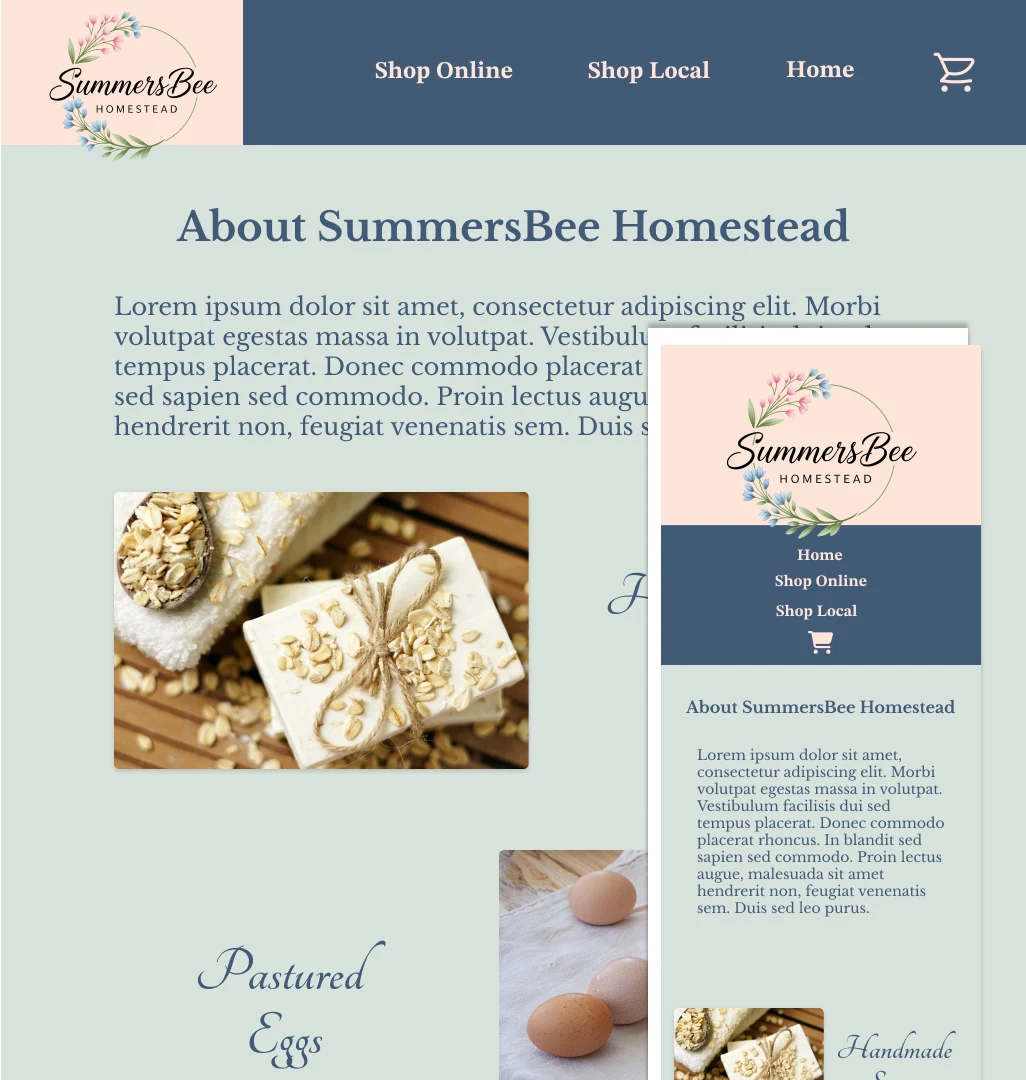 Design's for Summersbee Homestead's responsive website with mobile version overlaid on the biggest screen designs